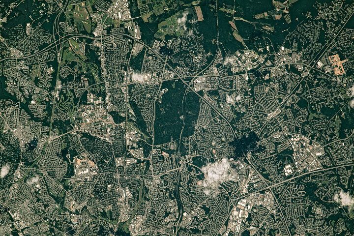 Green belts along the Capital Beltway in Maryland (NASA Earth Observatory / ISS)