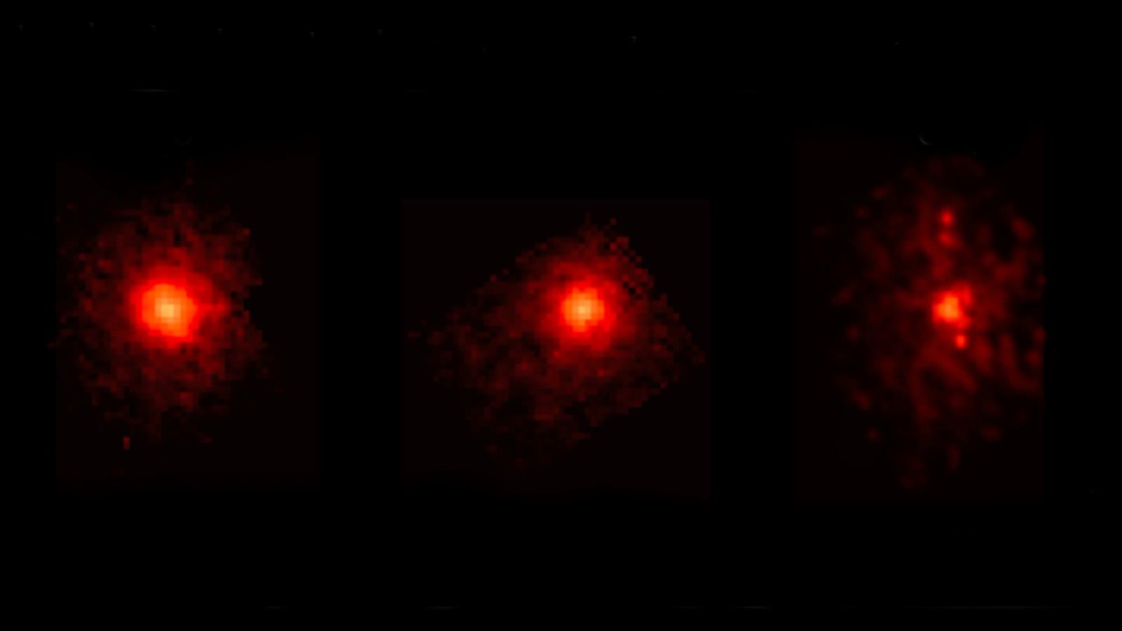 Three-panel JWST MIRI chemical map of 3I/ATLAS: water (left), carbon dioxide (center), methane (right). Image credit: NASA/ESA/CSA/STScI/M. Belyakov (Caltech)/I. Wong (STScI)